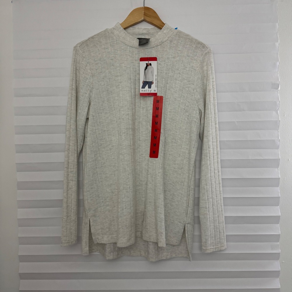 Matty M Women Mock Neck Ribbed Tunic Long Sleeve Heather Grey Top M Minimalist